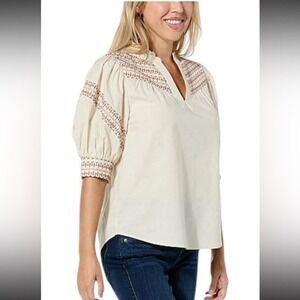 Democracy Women's Embroidered Puff-Sleeve Top Cream Multi - Medium